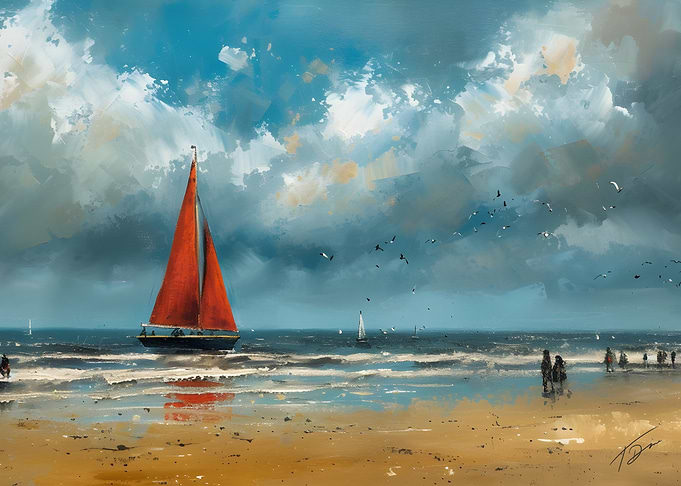 Red Sailboat on a Cloudy Day