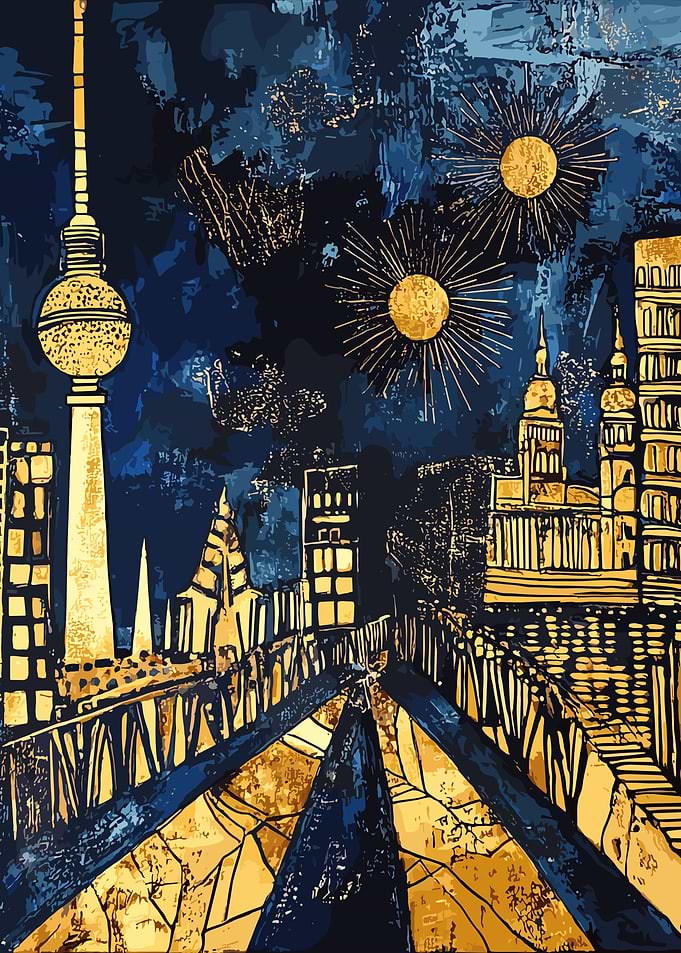 Berlin Skyline with Fireworks Alex by Night