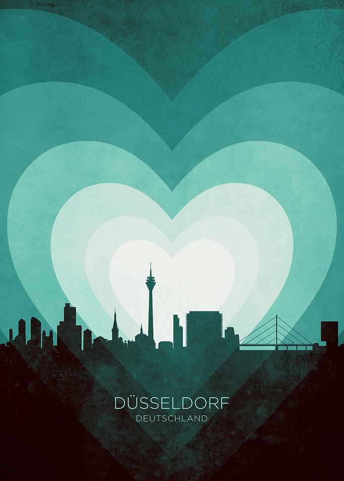 Düsseldorf Germany Skyline Hearts Teal