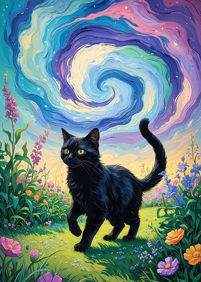 Black Cat in a Whirl wind and sky