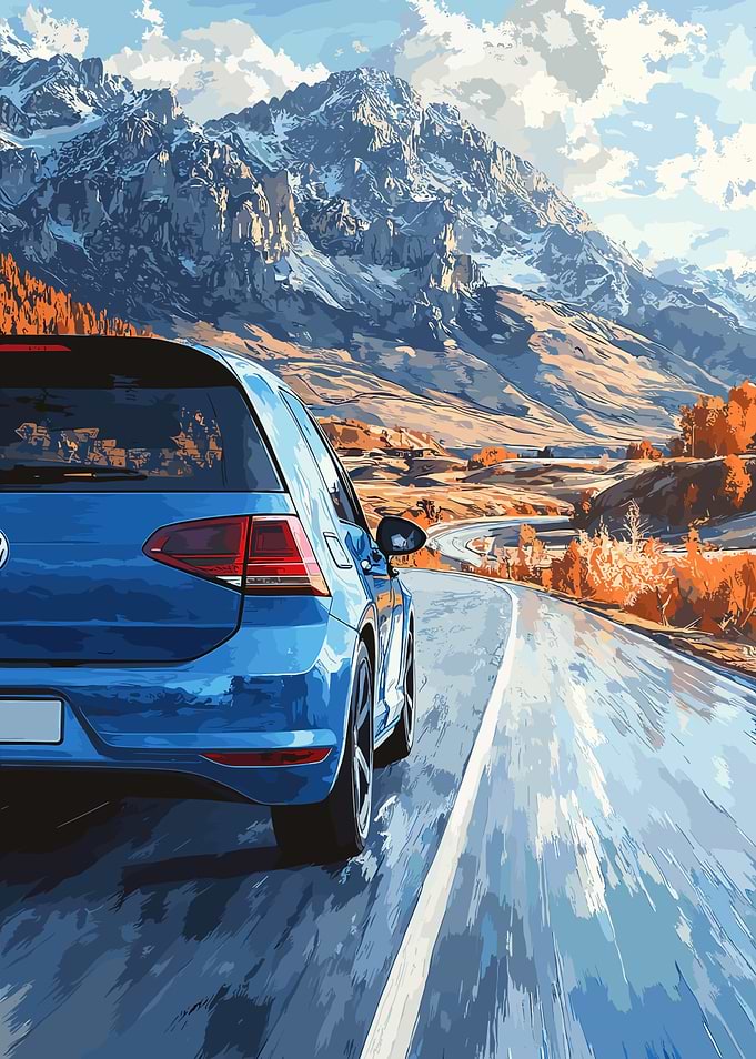 Blue Car on Mountain Road