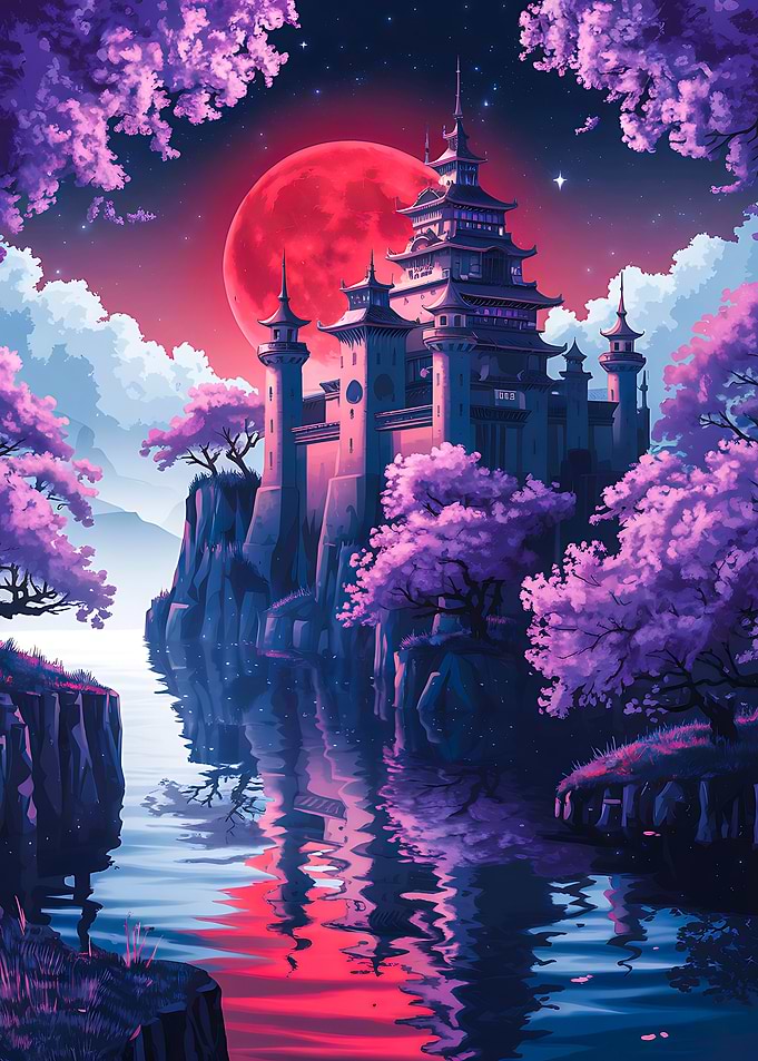 Japanese Castle Under Blood Moon