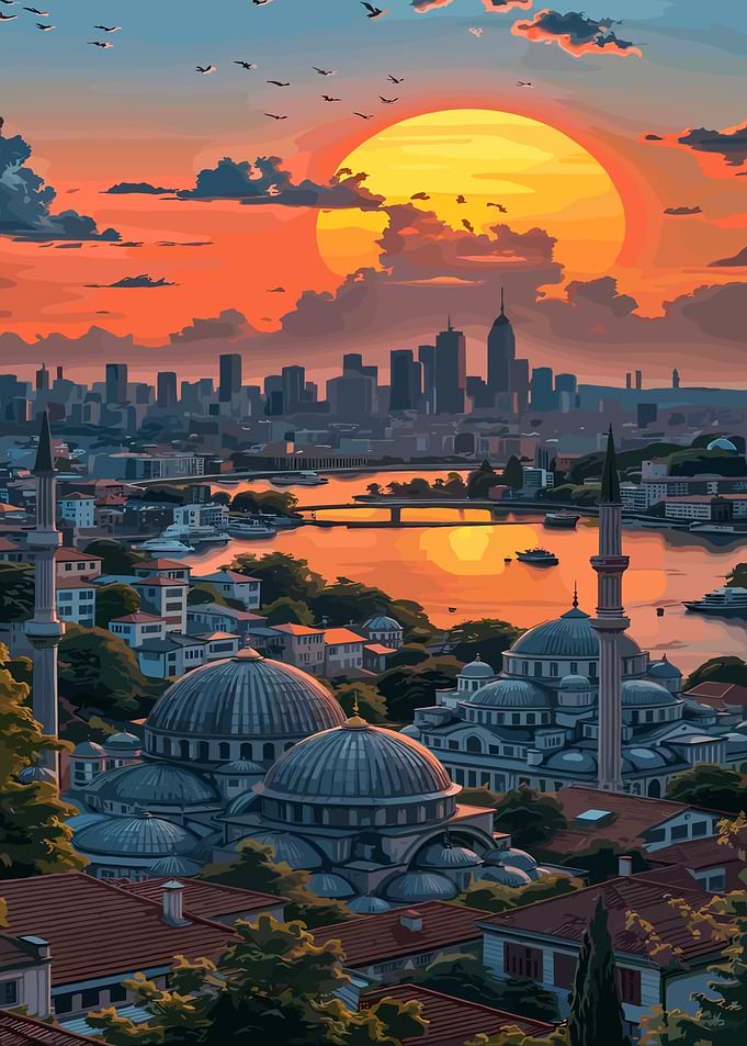 Sunset Cityscape with Mosques
