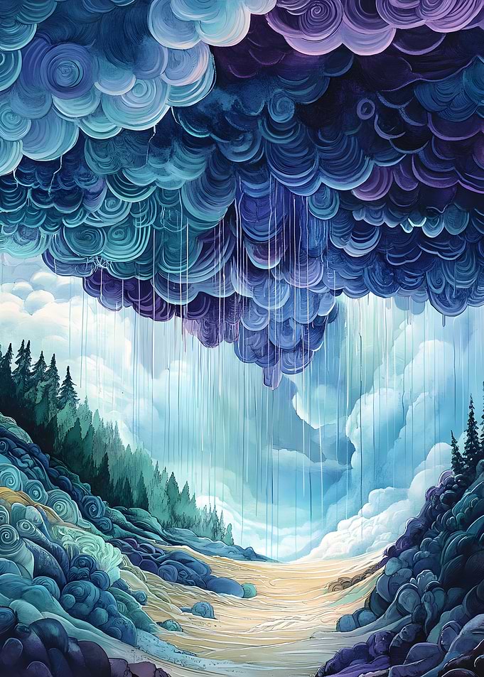 A rainstorm falls upward leaving the ground dry Vintage Art
