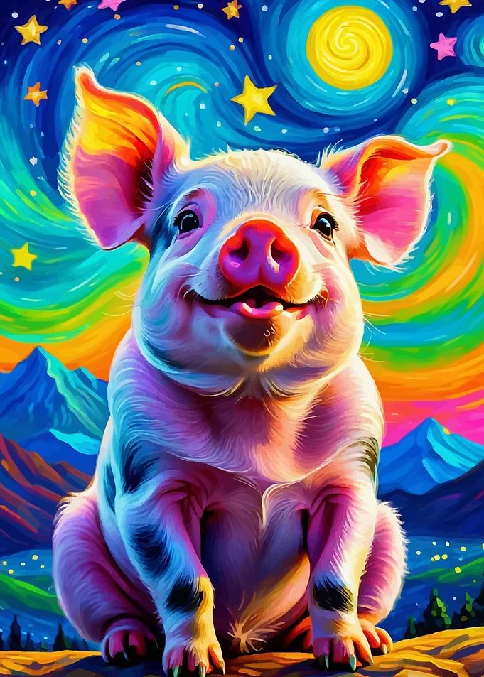 Smiling Pig in Starry Night