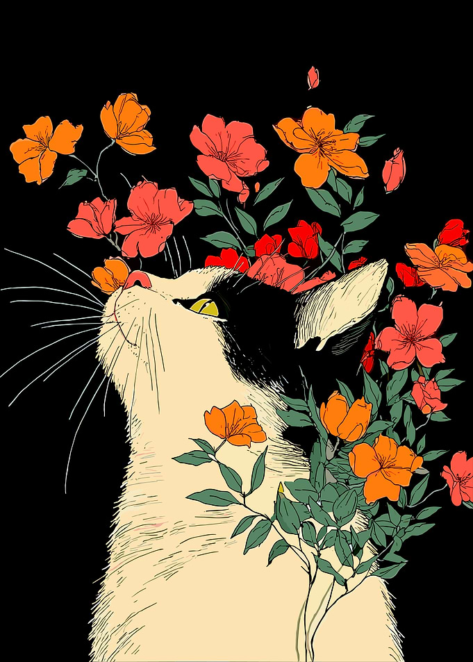 Cat and Flowers Illustration