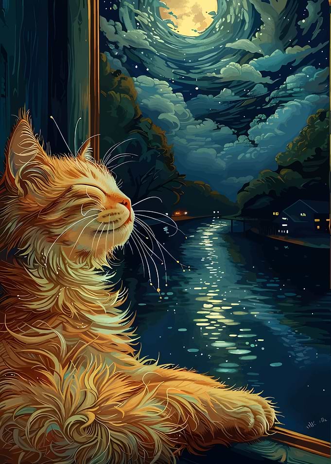 Cat Gazing at the Moon