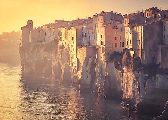 Coastal Town at Sunset