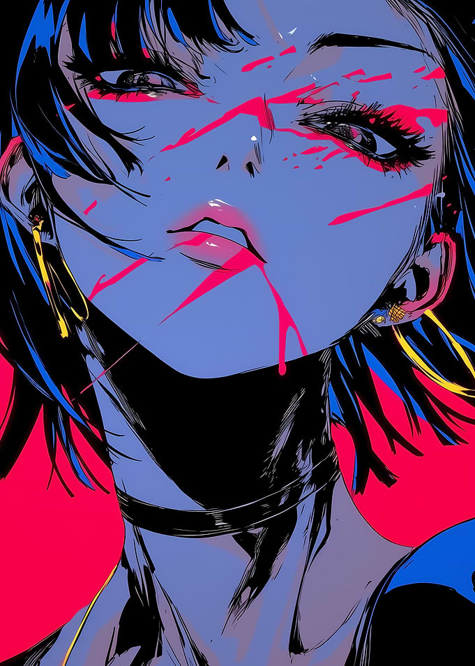 Anime Girl with Pink and Blue Paint