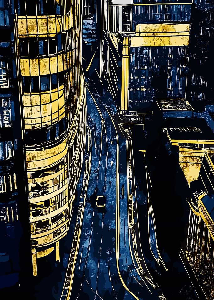 Cityscape with Golden Buildings by Night