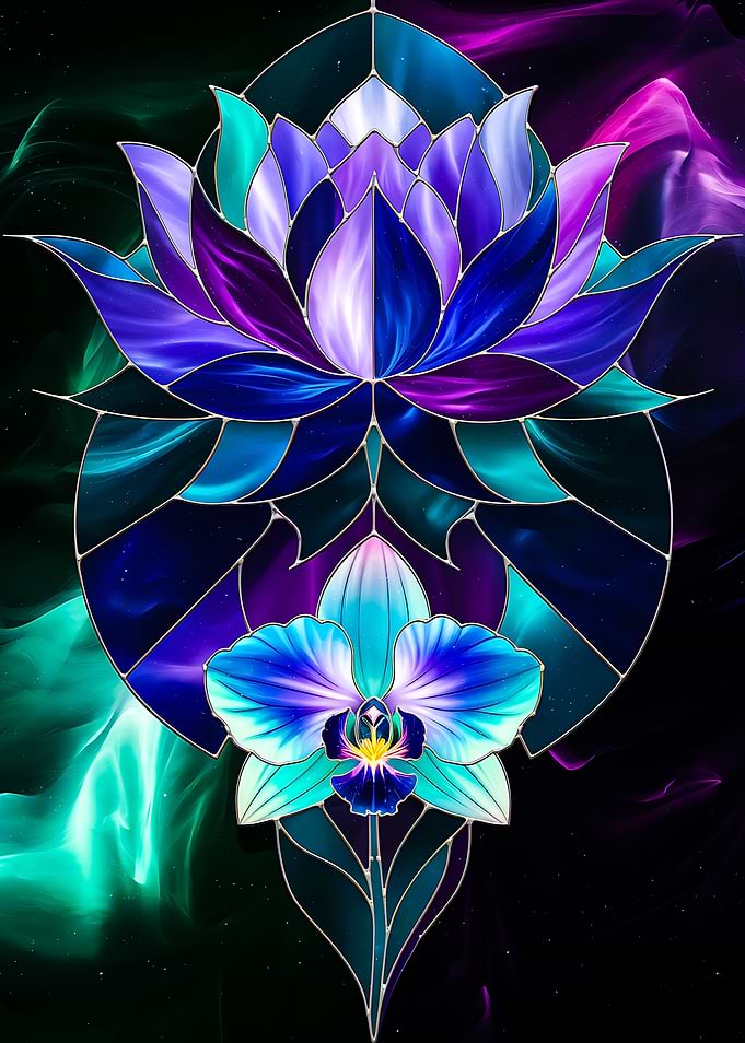 Stained Glass Lotus and Orchid Serenity