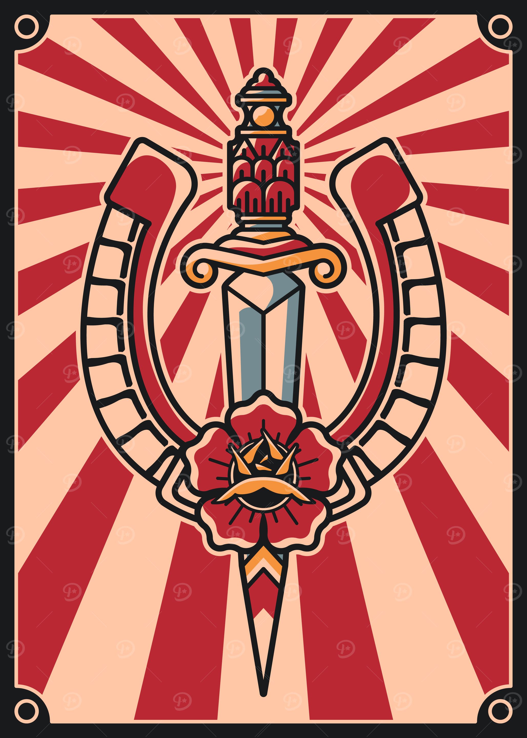 Horseshoe & dagger vintage illustration