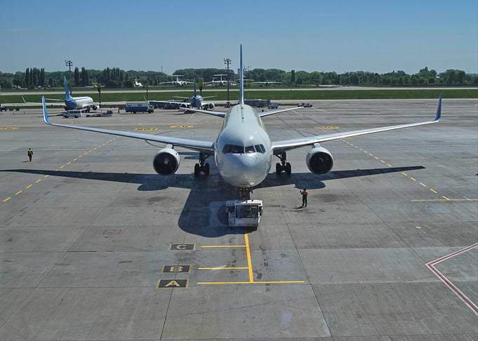 Commercial airplane on the Kyiv airport preparing for flying destination