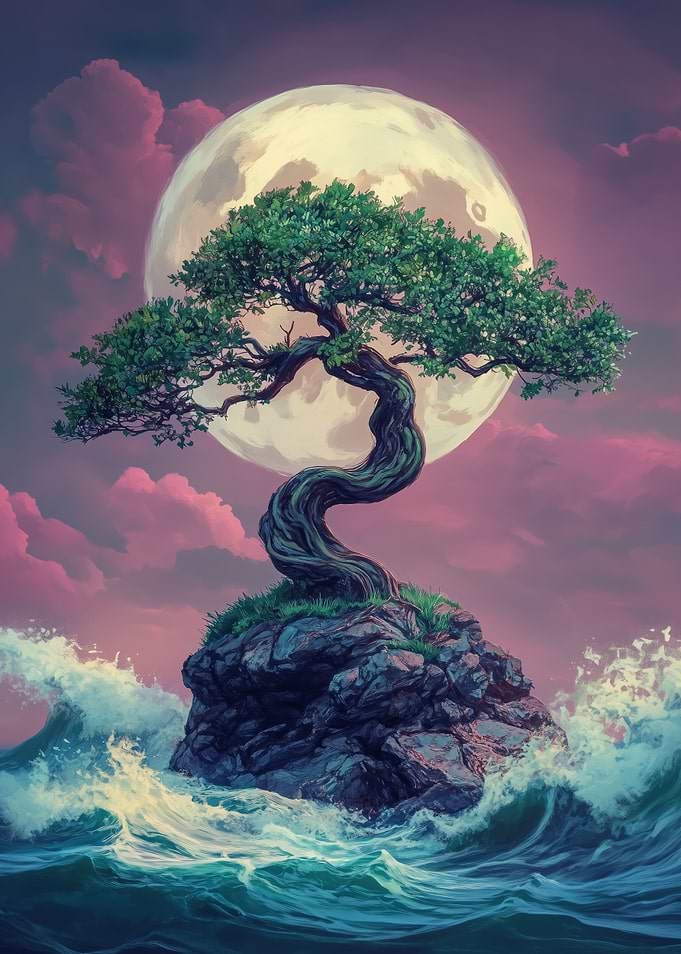 Japanese Bonsai Tree Under Full Moon
