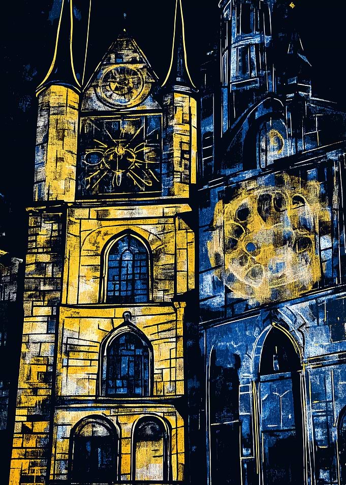Praha Gothic Architecture Illustration Gold and Blue