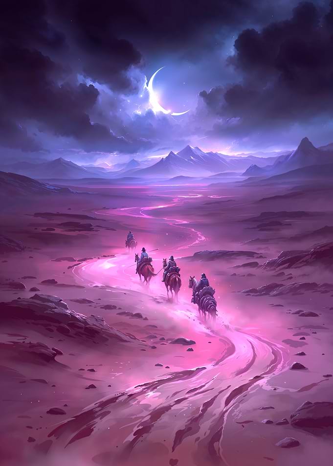 Desert Journey Under Crescent Moon