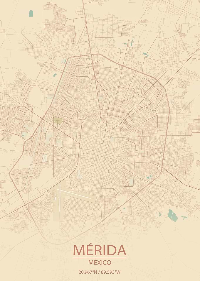 Merida Mexico Vintage Style City Map