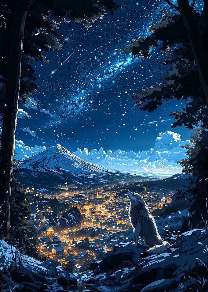 Wolf and Mount Fuji