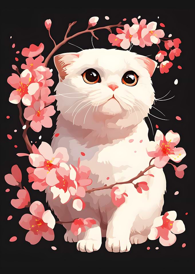 White Cat with Cherry Blossoms