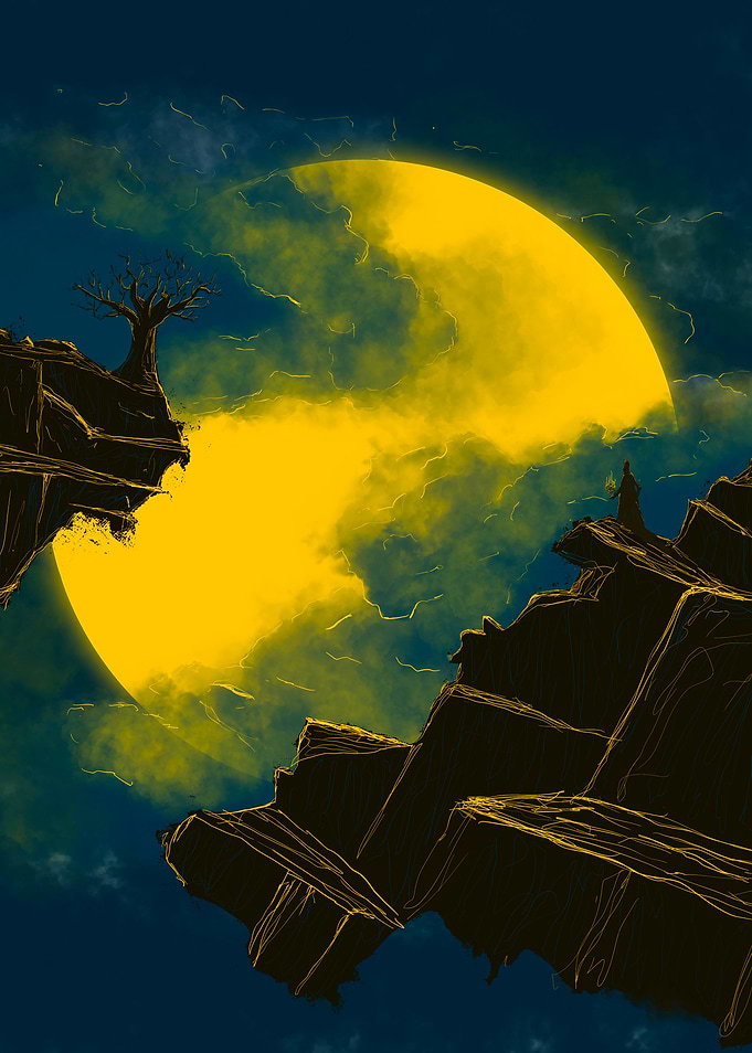 Silhouette on Cliff with Moon