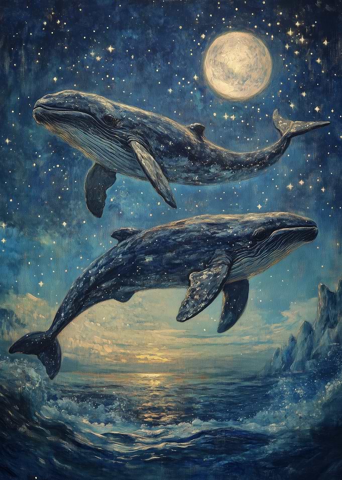 Whales Leaping Under Stars