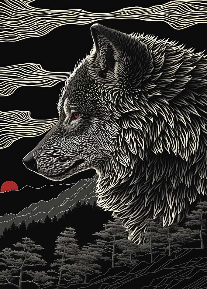 Lineart Wolf in the Mountains
