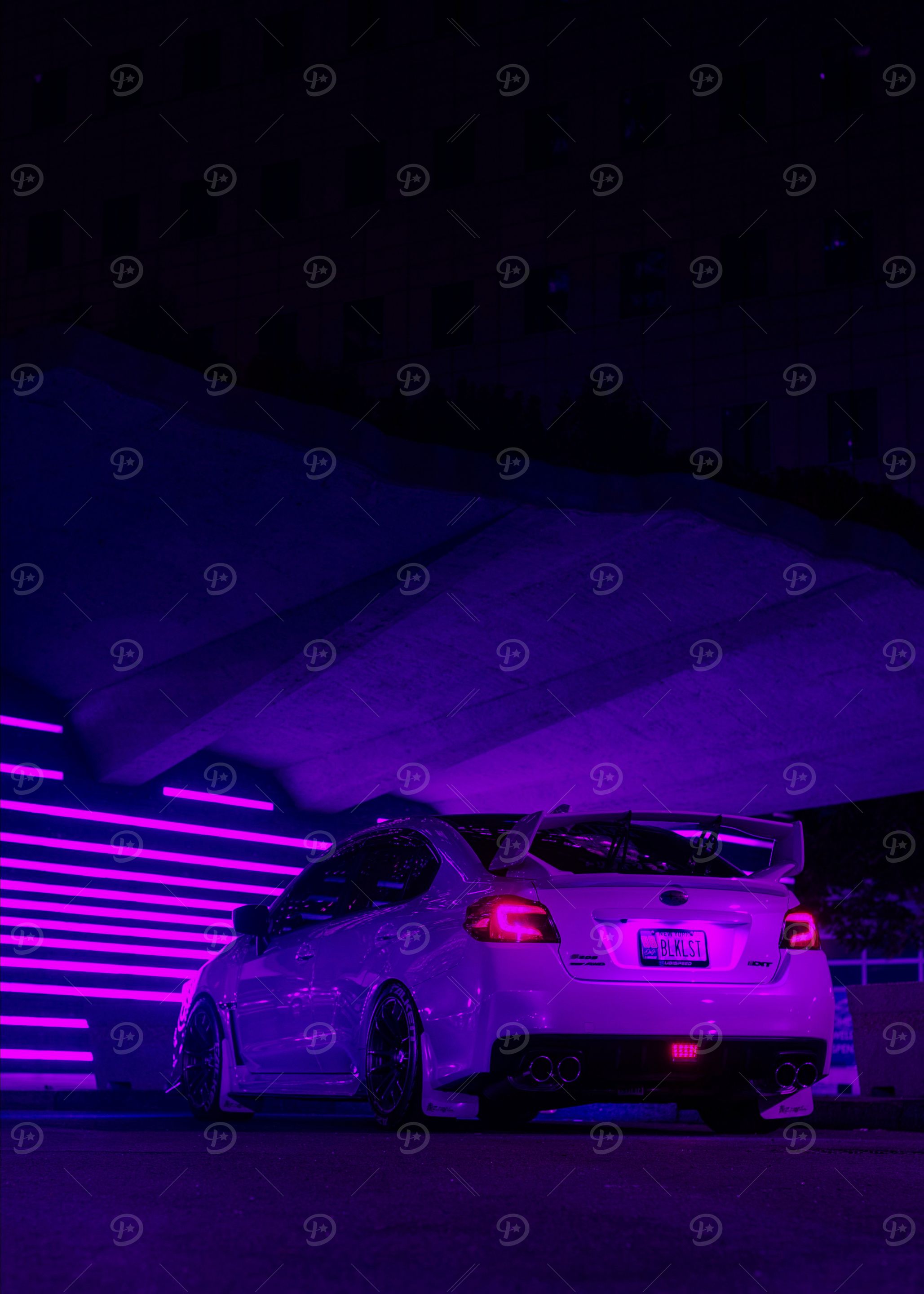 White Subaru in Neon Lights