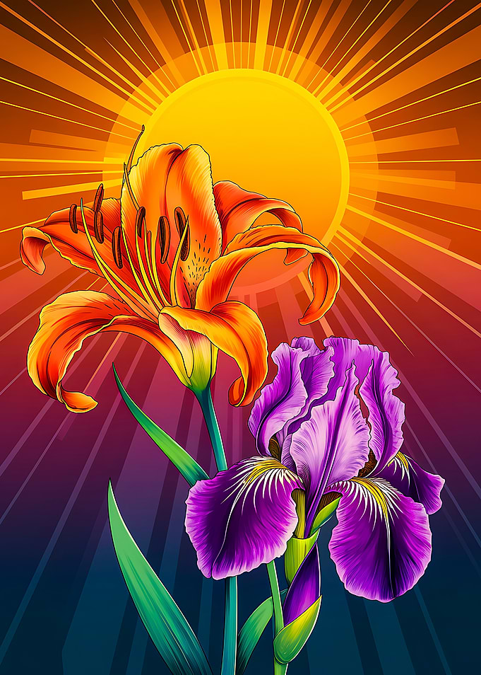 Sunlit Flowers: Splendor Iris and Tiger Lily