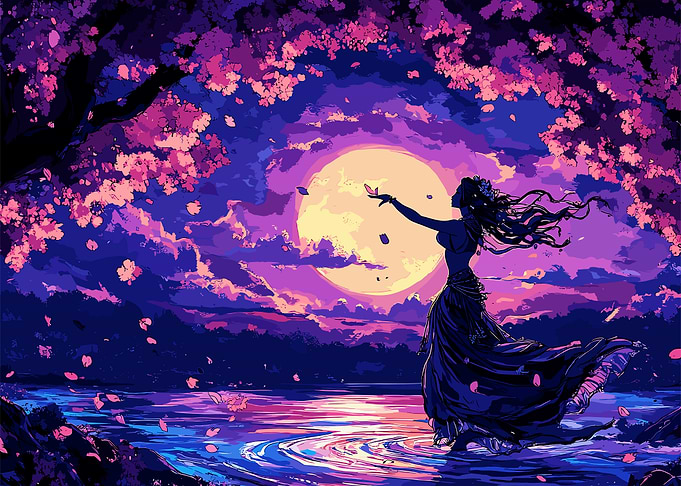 Silhouette Woman Moonlit Lake