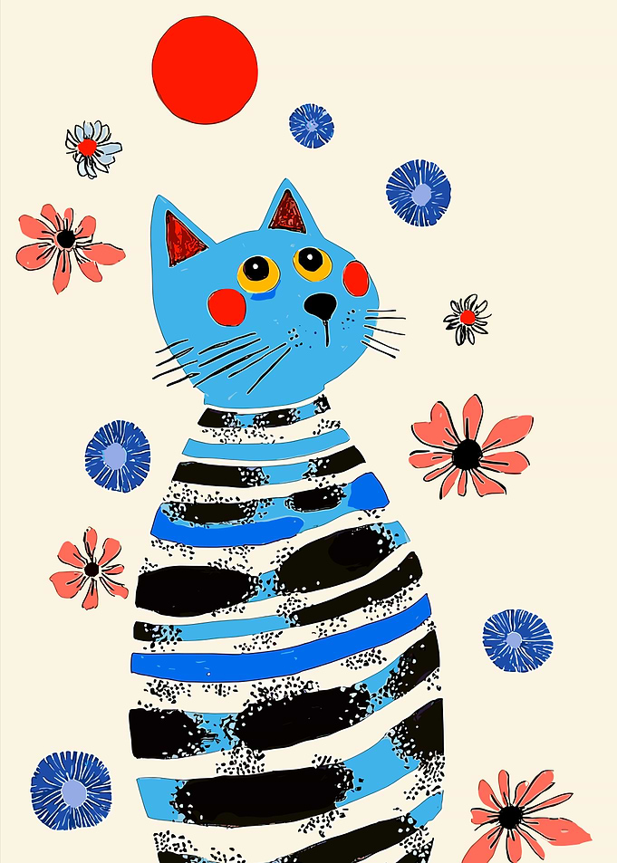 Blue Cat with Flowers
