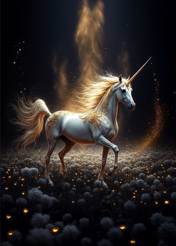 Golden Unicorn in Moonlight