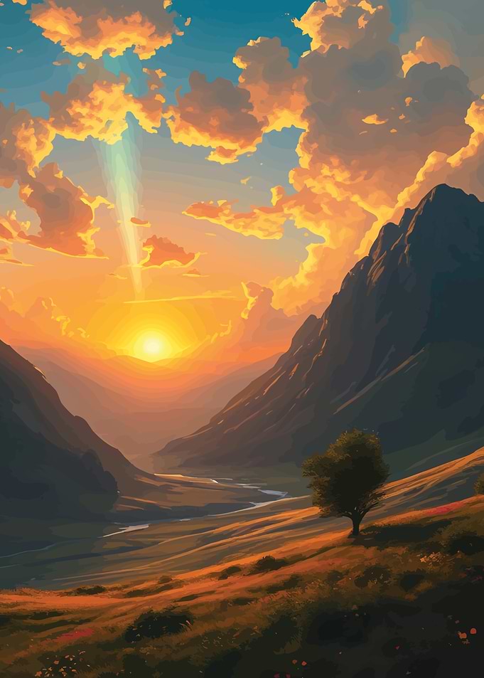 Mountain Sunset Landscape anime style