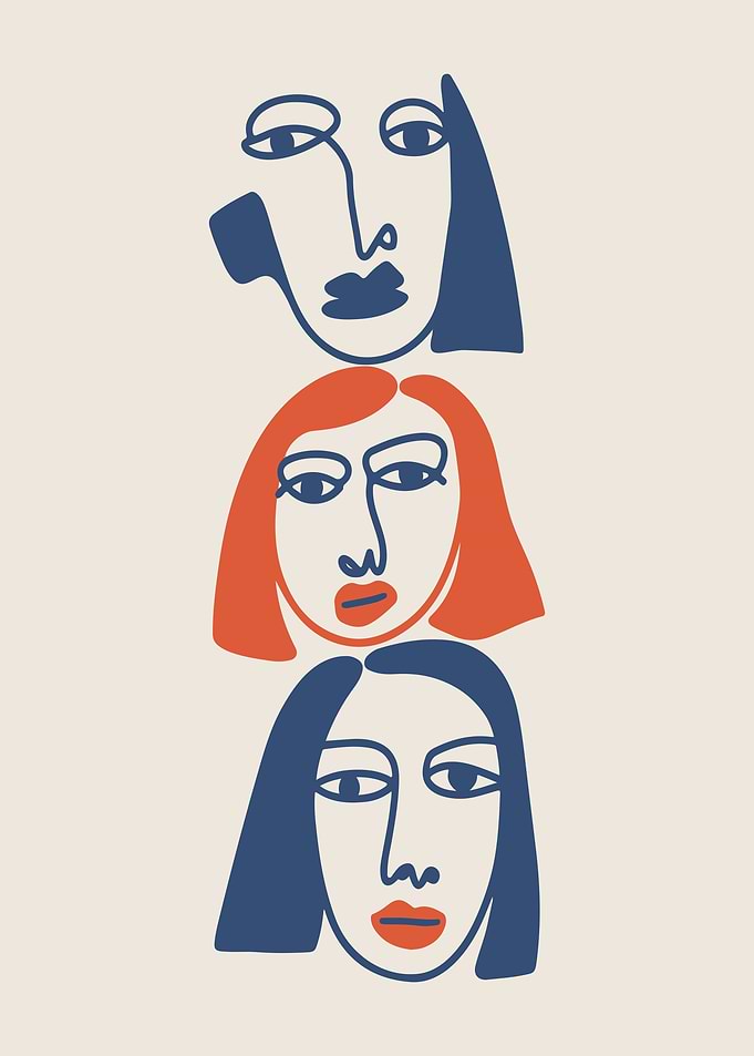 Minimalist Line Art Faces in Blue and Red