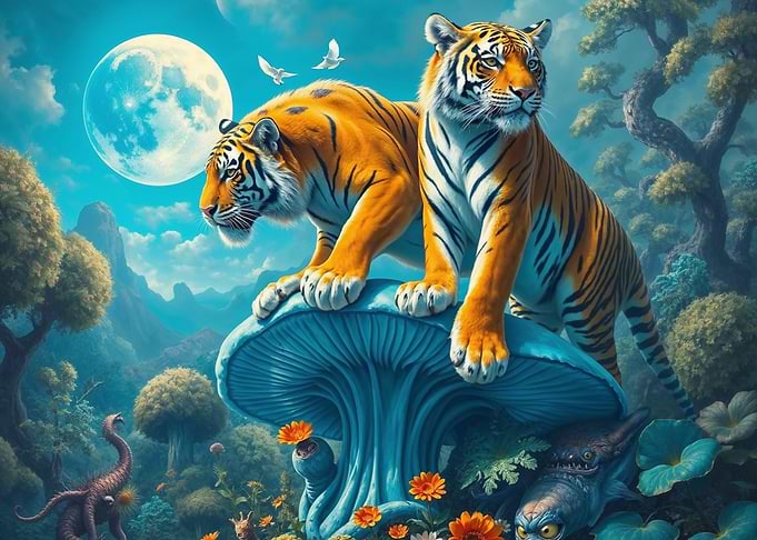Twin Tigers on Giant Alien Mushroom