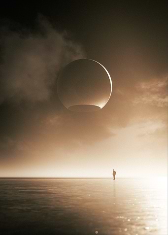 Lone Figure Under a Giant Orb