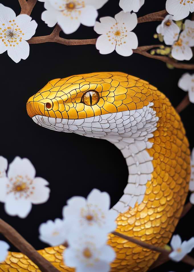 Golden Snake with Cherry Blossoms