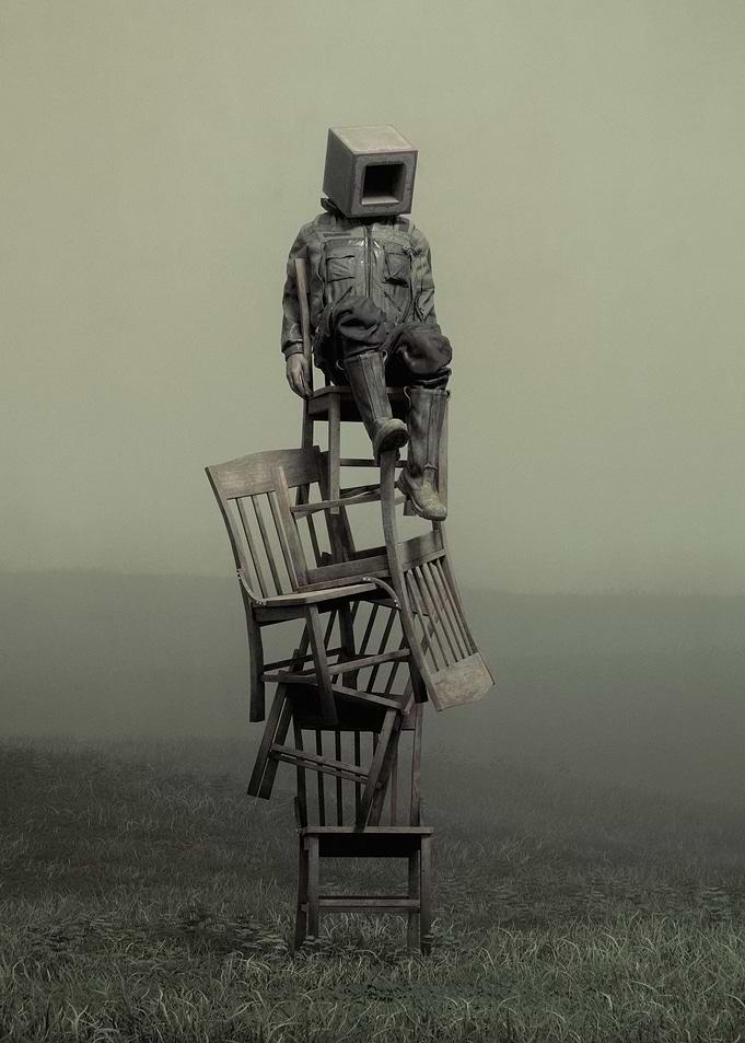 Concrete Head Figure on Chairs