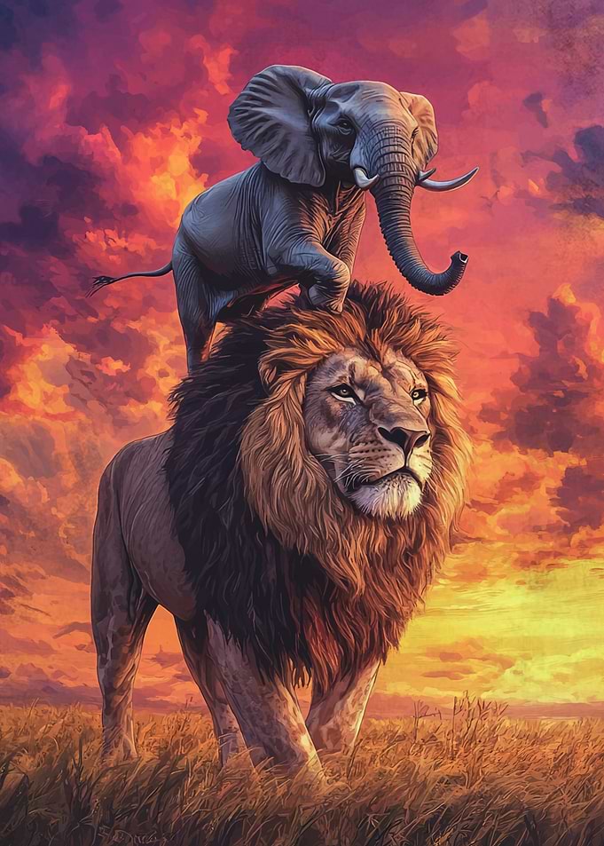 Lion Elephant Sunset