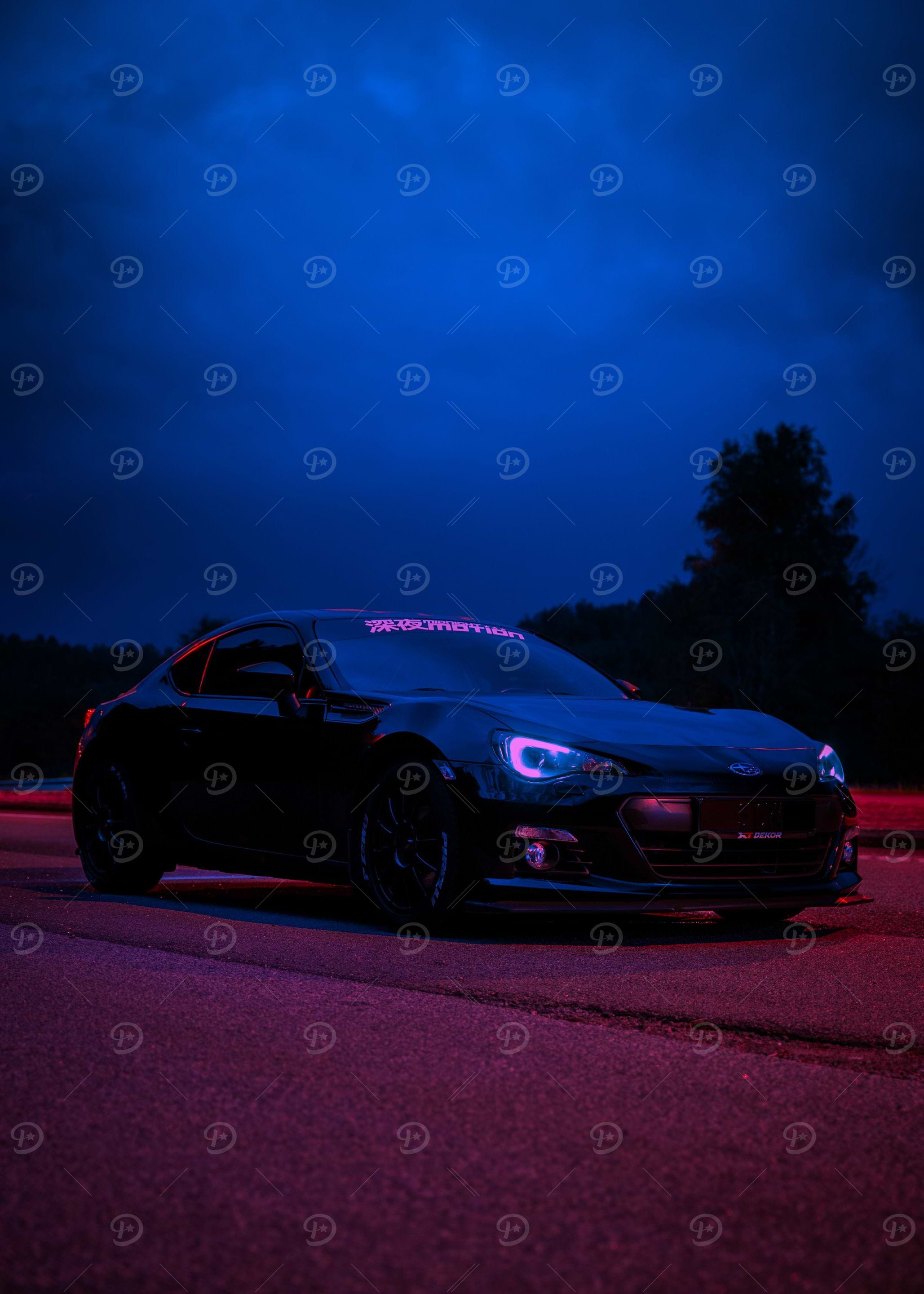Black Subaru in Neon Lights
