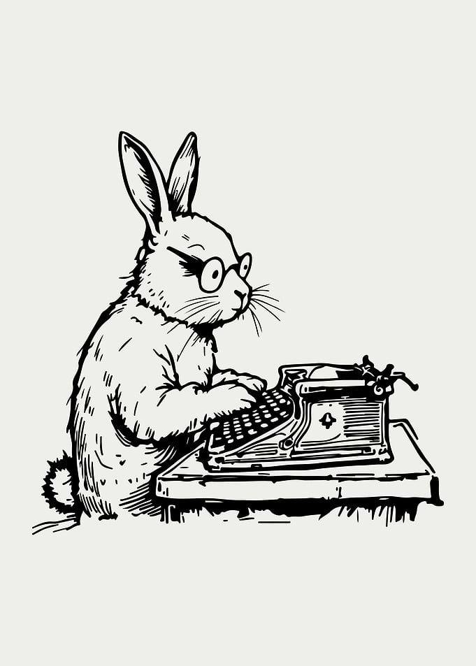 Monochromatic Rabbit Writer and Typewriter Drawing