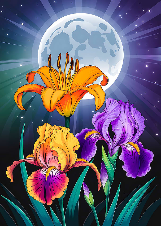 Moonlit Flowers: Iris and Lily Serene Night