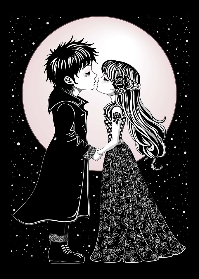 Valentine's Day Cute Gothic Emo Kids Kiss