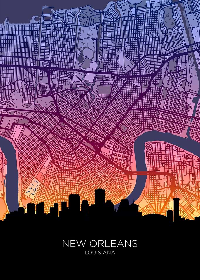New Orleans Louisiana Skyline Map