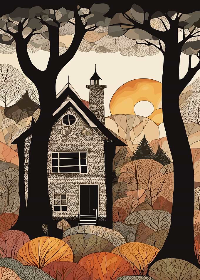 Stone House in Autumn Woods