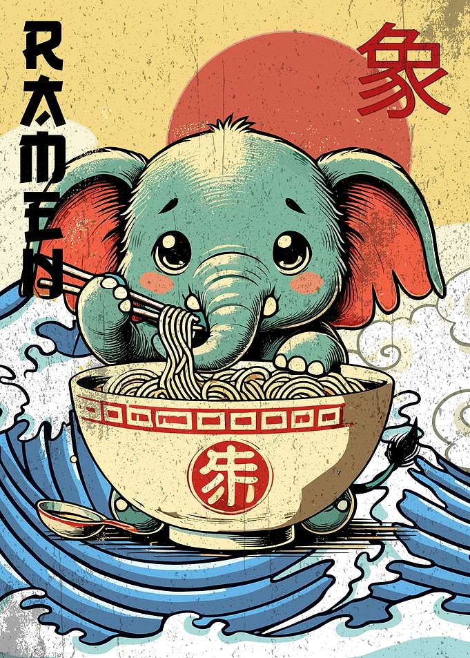 Ramen Elephant Vintage Japanese Poster