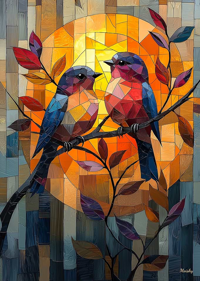 Lovebirds in a Stained Glass Sunset