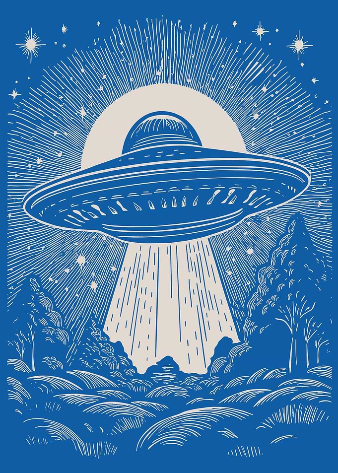 Vintage UFO Illustration in Cosmic Night Sky