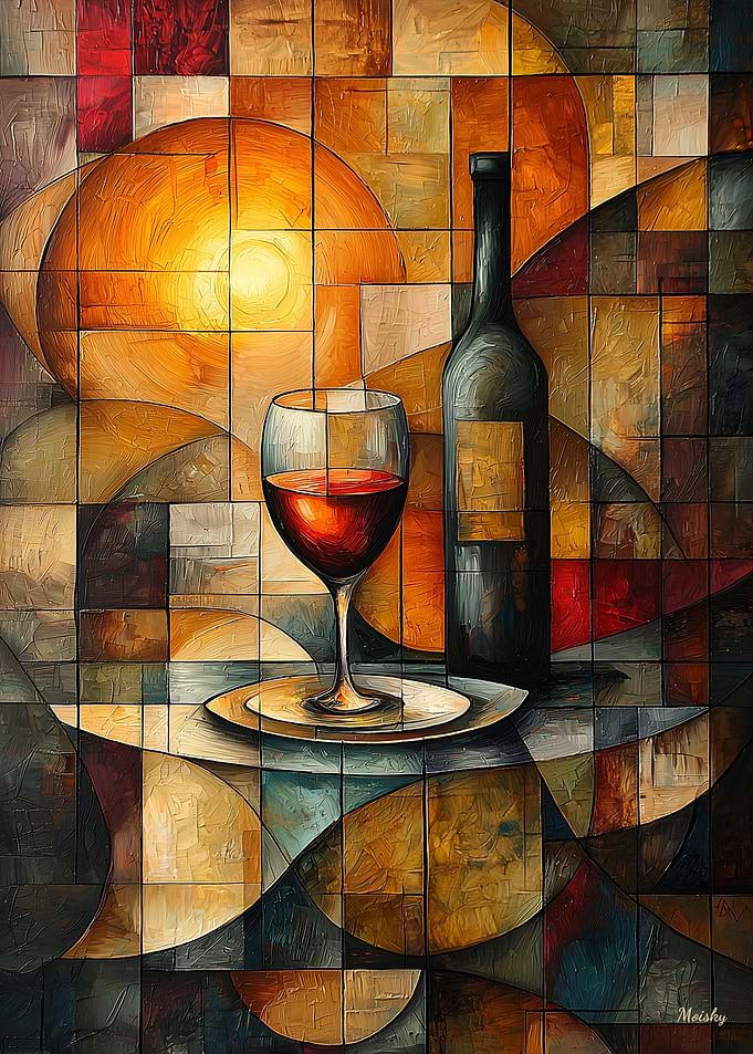 Stained Glass Wine Still Life with Golden Glow
