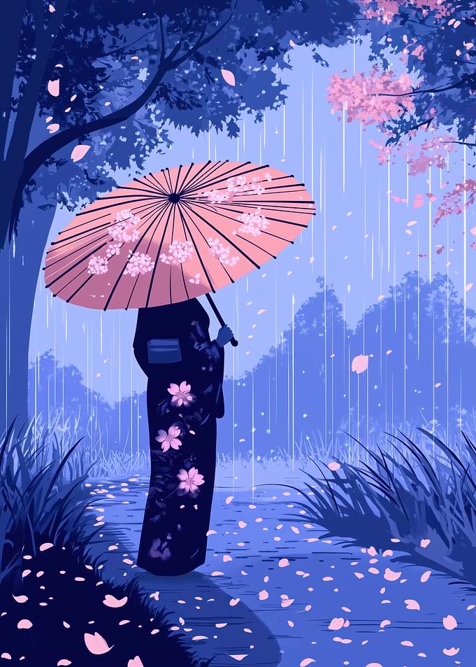 Woman in Kimono Under Cherry Blossoms