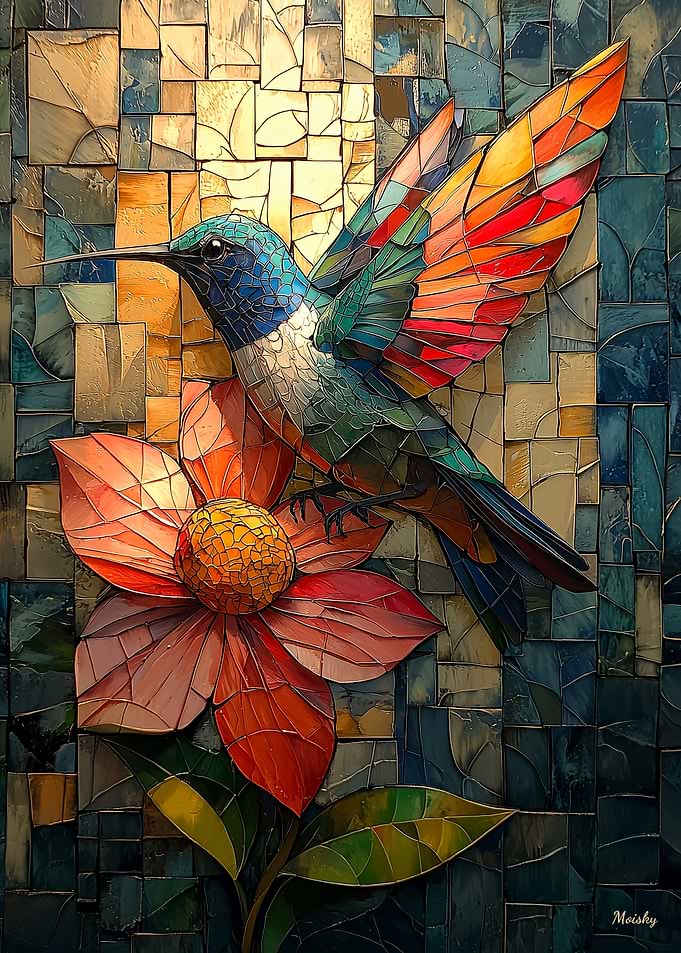 Vibrant Hummingbird and Flower in Stained Glass